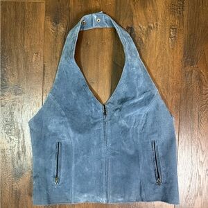 Vintage Wilson’s Leather Blue Suede Halter Vest w Zipper and Zippered Pockets